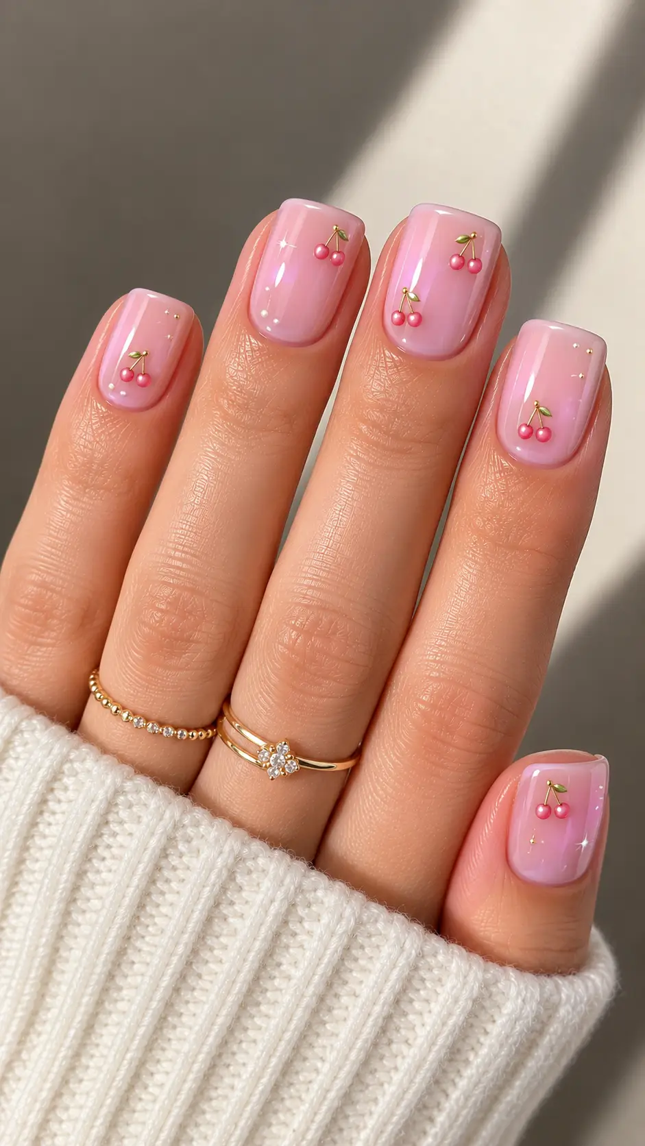 Milky Pink Cherry Micro-Motif Squoval Nails