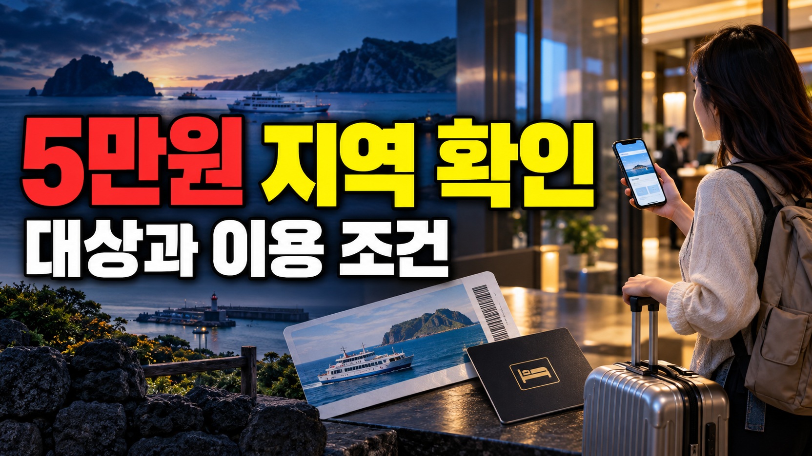 숙박세일 페스타 3만원 말고 5만원 받는 지역은? 섬 할인권 대상 확인 관련 핵심 정보를 상징적으로 보여주는 썸네일 이미지