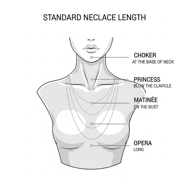 Infografic cu lungimile standard pentru coliere din argint: Choker, Princess, Matinee, Opera.