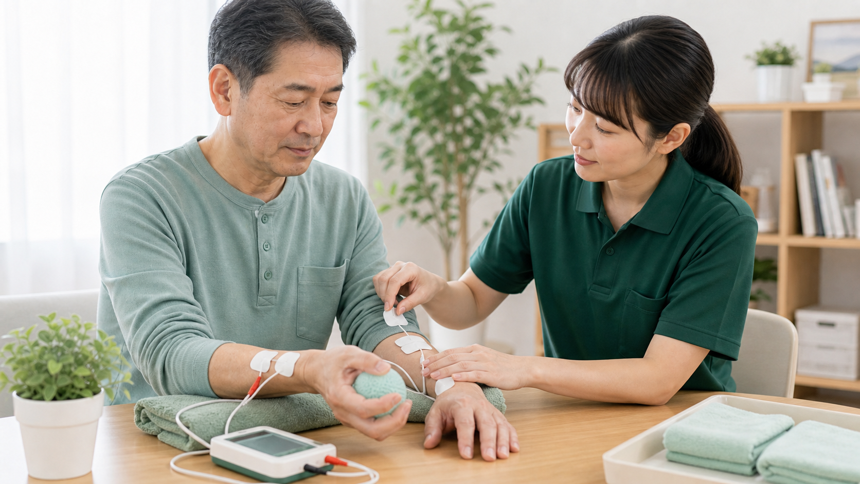 脳卒中後の手首と指の練習で神経筋電気刺激NMESを使用する様子