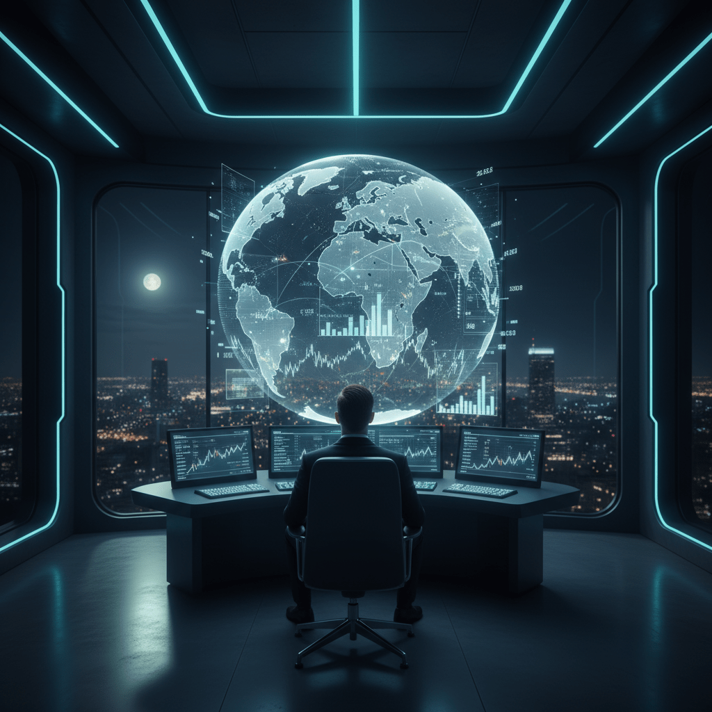 A trader calmly observing a large, holographic display of global financial markets.
