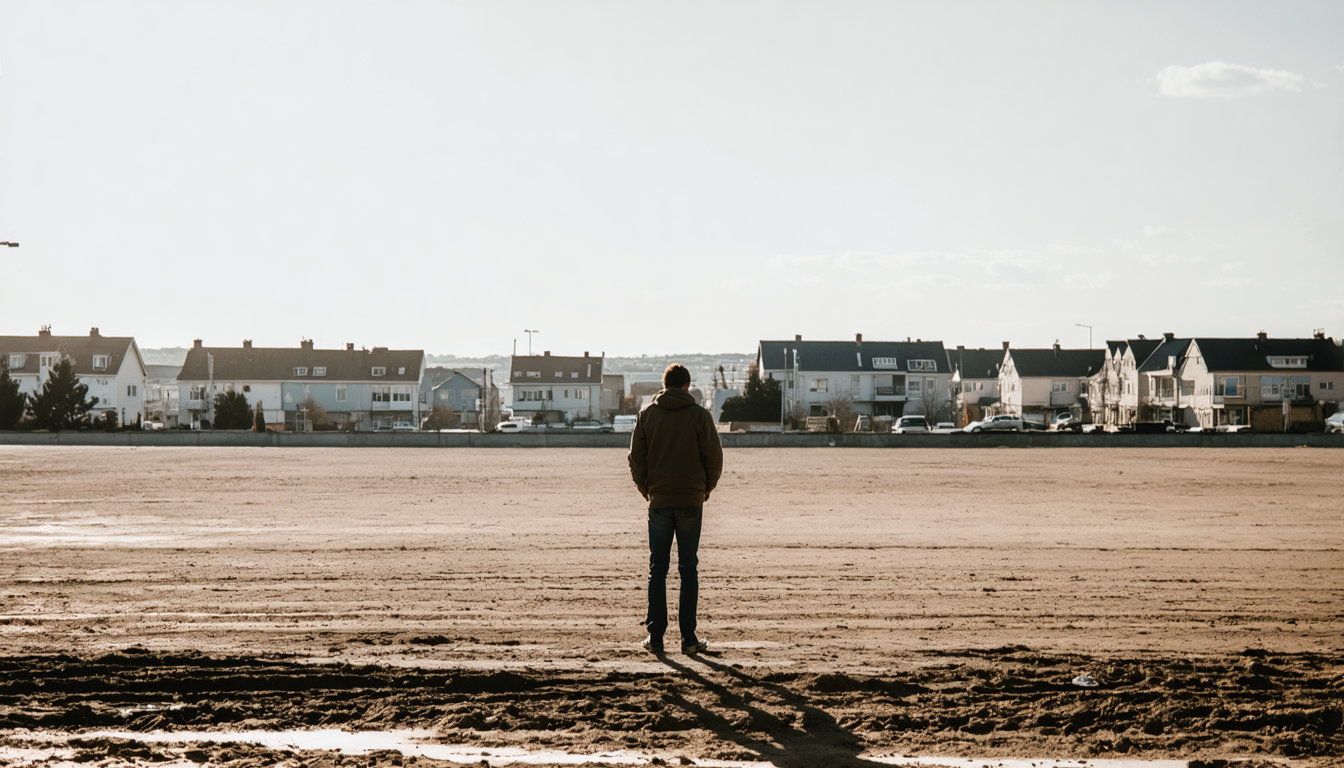 A lone figure seen from behind standing at a wide empty dirt lot bordered by distant residential rooftops under harsh midday sun.