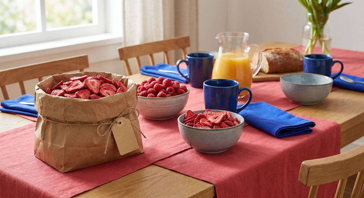 Breakfast table various freeze dried fruits large eco friendly packaging.