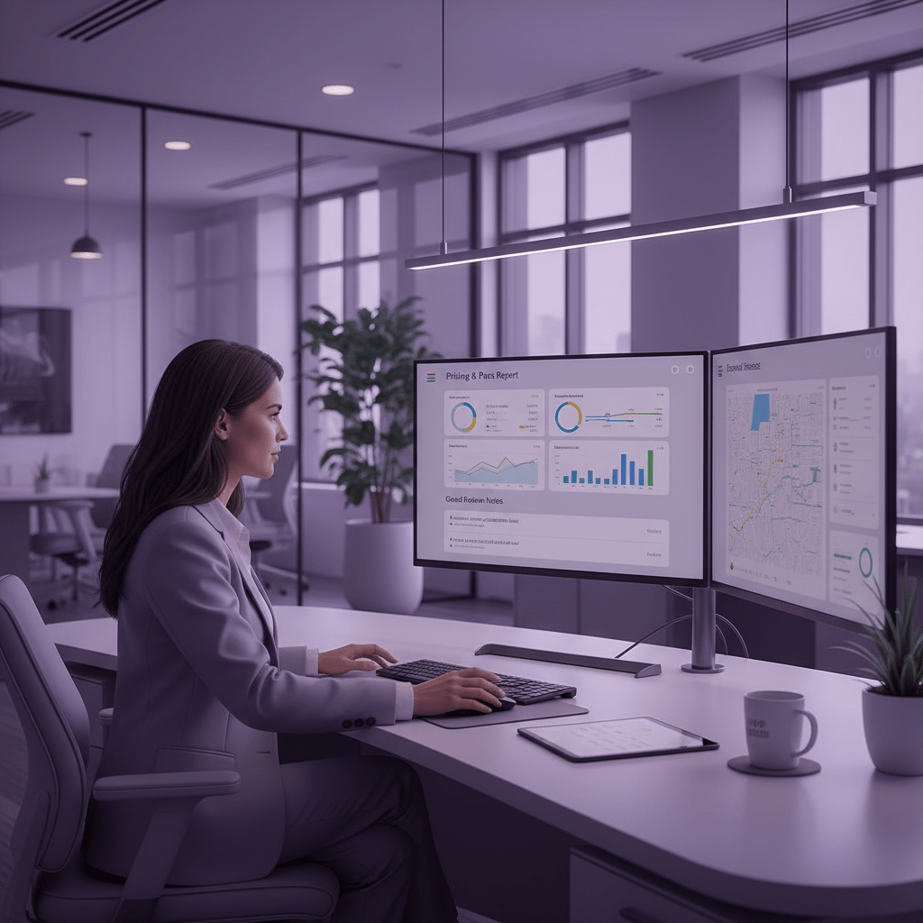 Hotel revenue manager reviewing pricing, pace report, and guest review notes on a dashboard