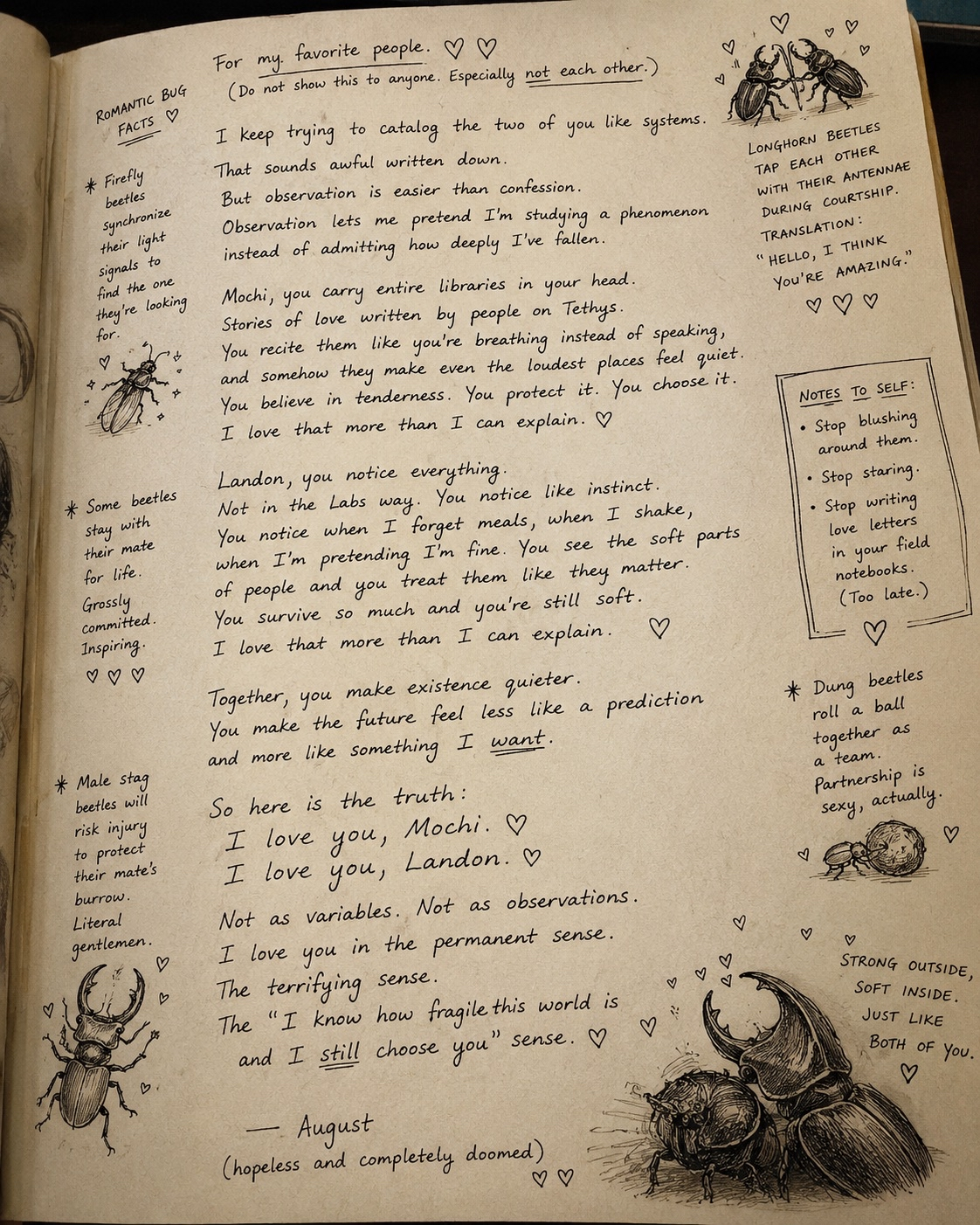 A handwritten unsent letter from Auggie confessing love to Landon and Mochi