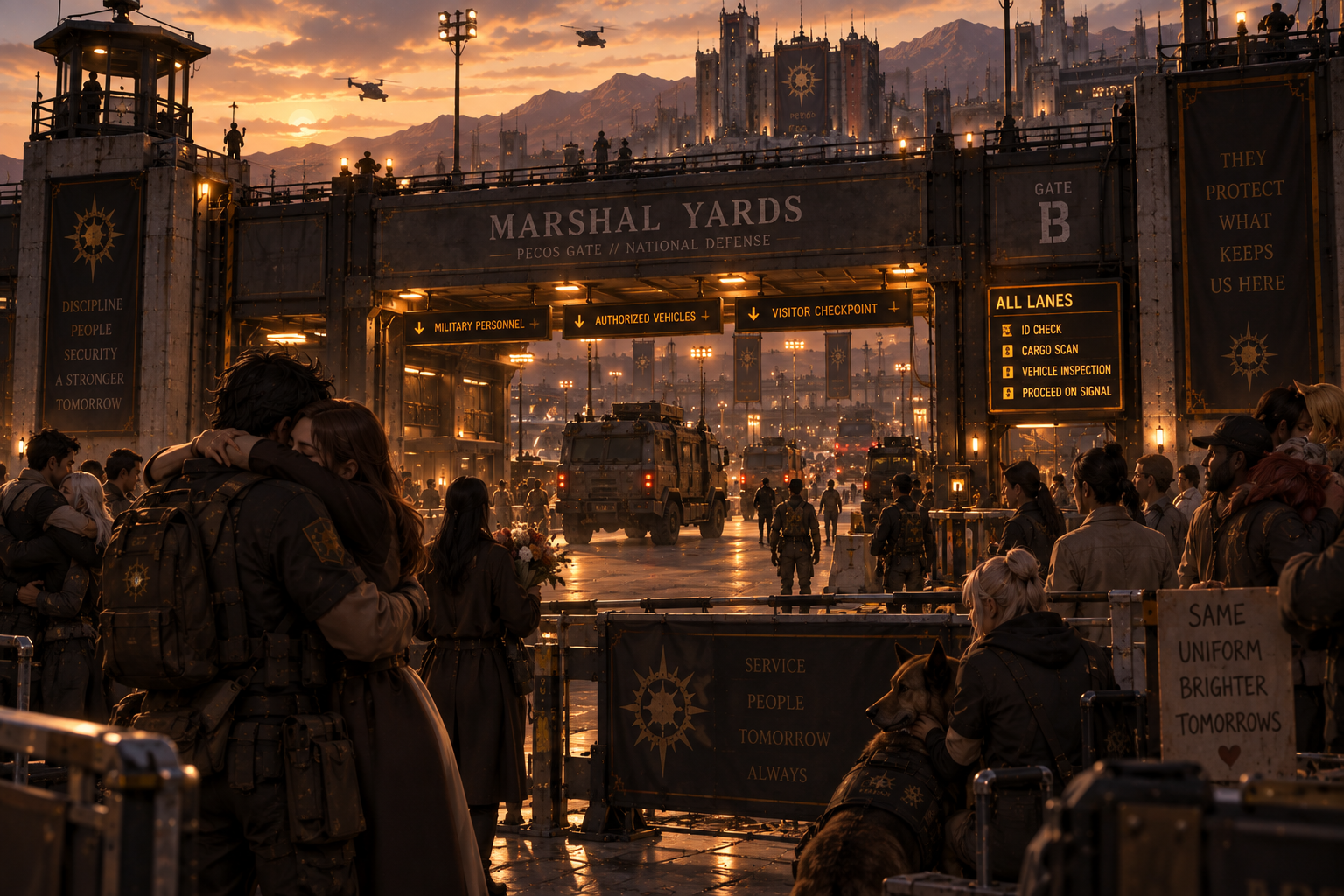 Marshal Yards military gate at dusk with returning personnel, visitors, armored transports and checkpoint infrastructure.