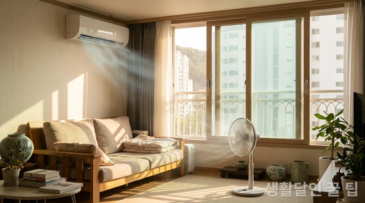 에어컨과 선풍기가 함께 작동하며 공기가 순환되는 쾌적한 한국 거실 실내 모습