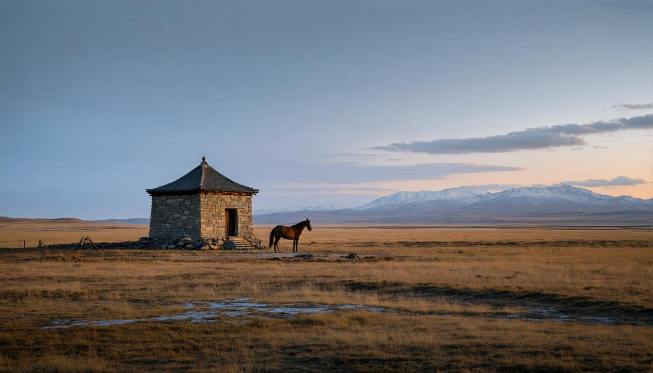 A lone waystation of stone and timber on an empty grassland at dusk, low light raking across the plains, a single horse tethered nearby.