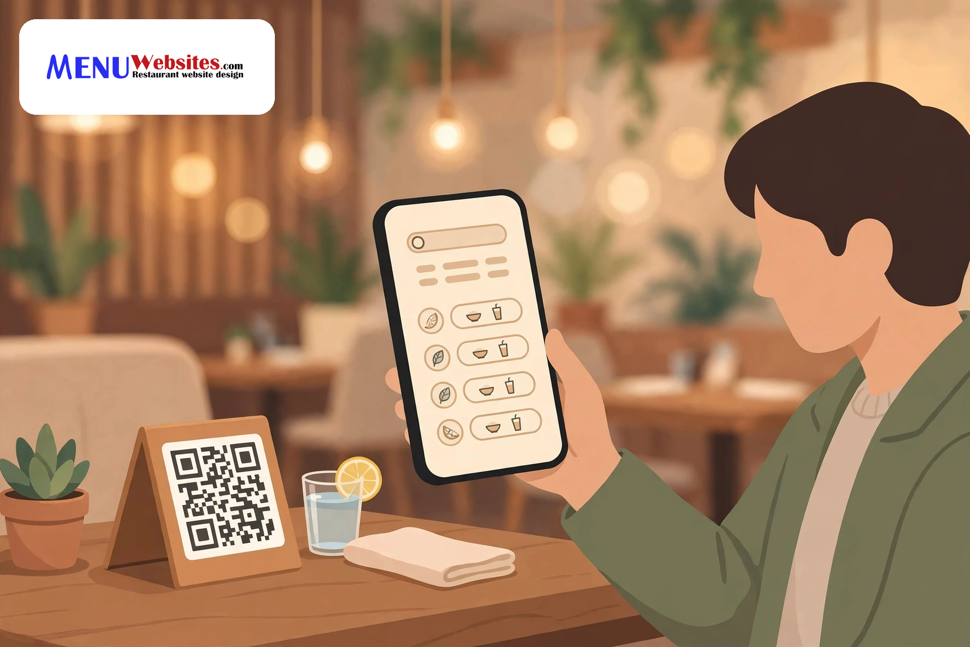 Diner scanning a QR code menu at a restaurant table with a smartphone showing a digital menu