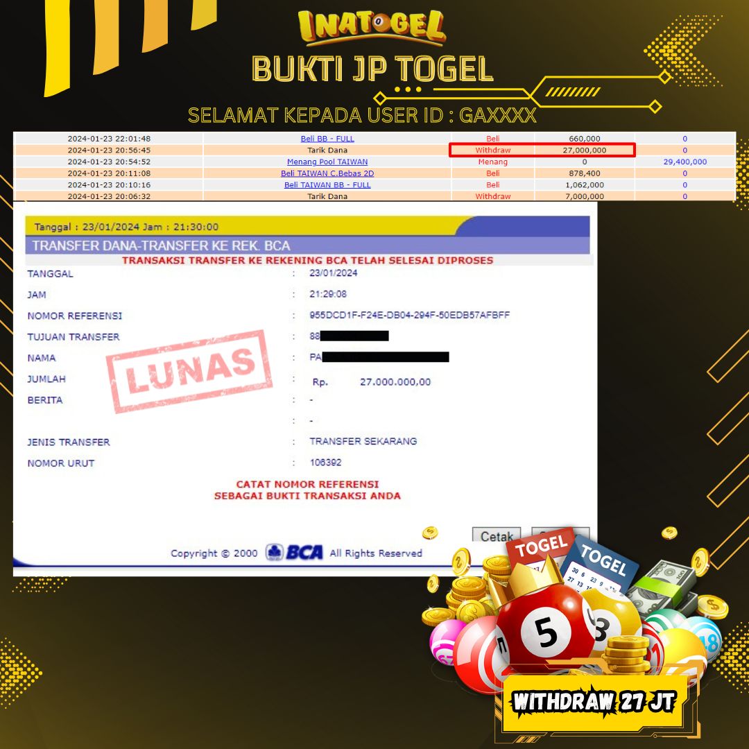 BUKTI PEMBAYARAN JP TOGEL TAIWAN Rp27,000,000,- LUNAS