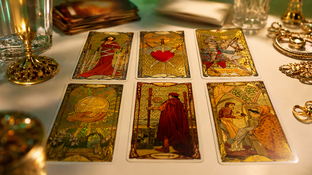 Mesa de tarô com seis cartas dispostas, taças douradas e velas