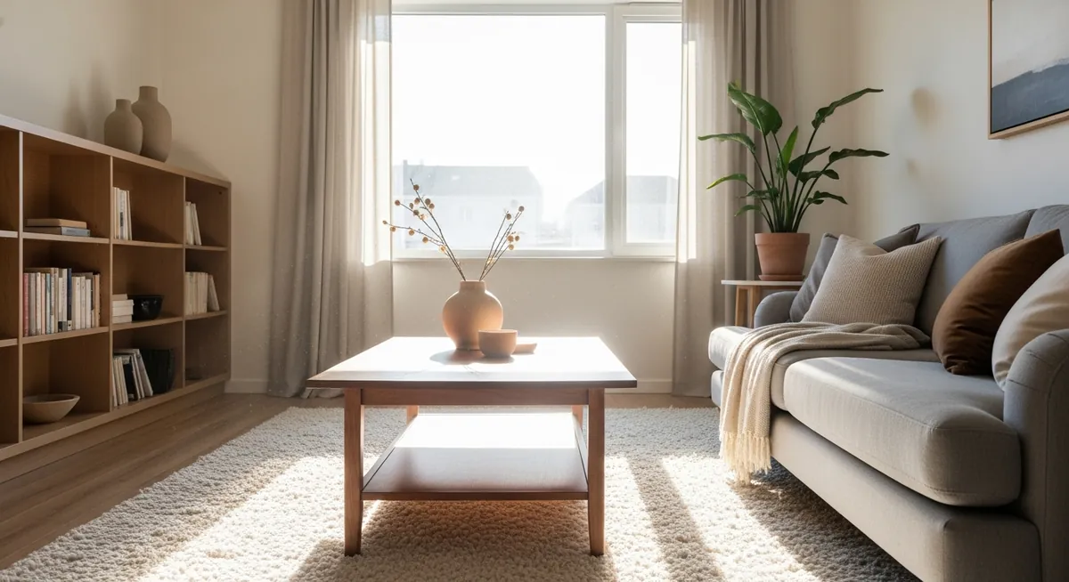 bright living room with sunlight revealing light dust on a dark wood coffee table, soft neutral tones, realistic residential setting, no text in image