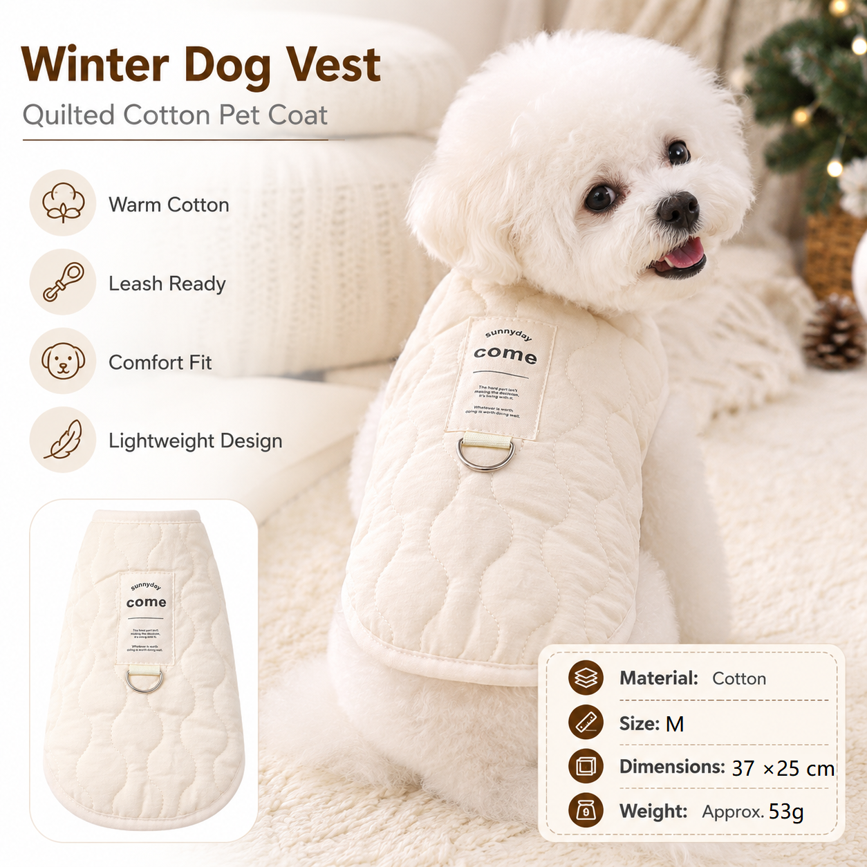 Beige M Size 37x50cm Fleece-lined thickened dog vest - Cotton Fleece Lined Harness Compatible Winter Coat for Dogs Shed Control Outdoor Walks，Winter Pet Essentials