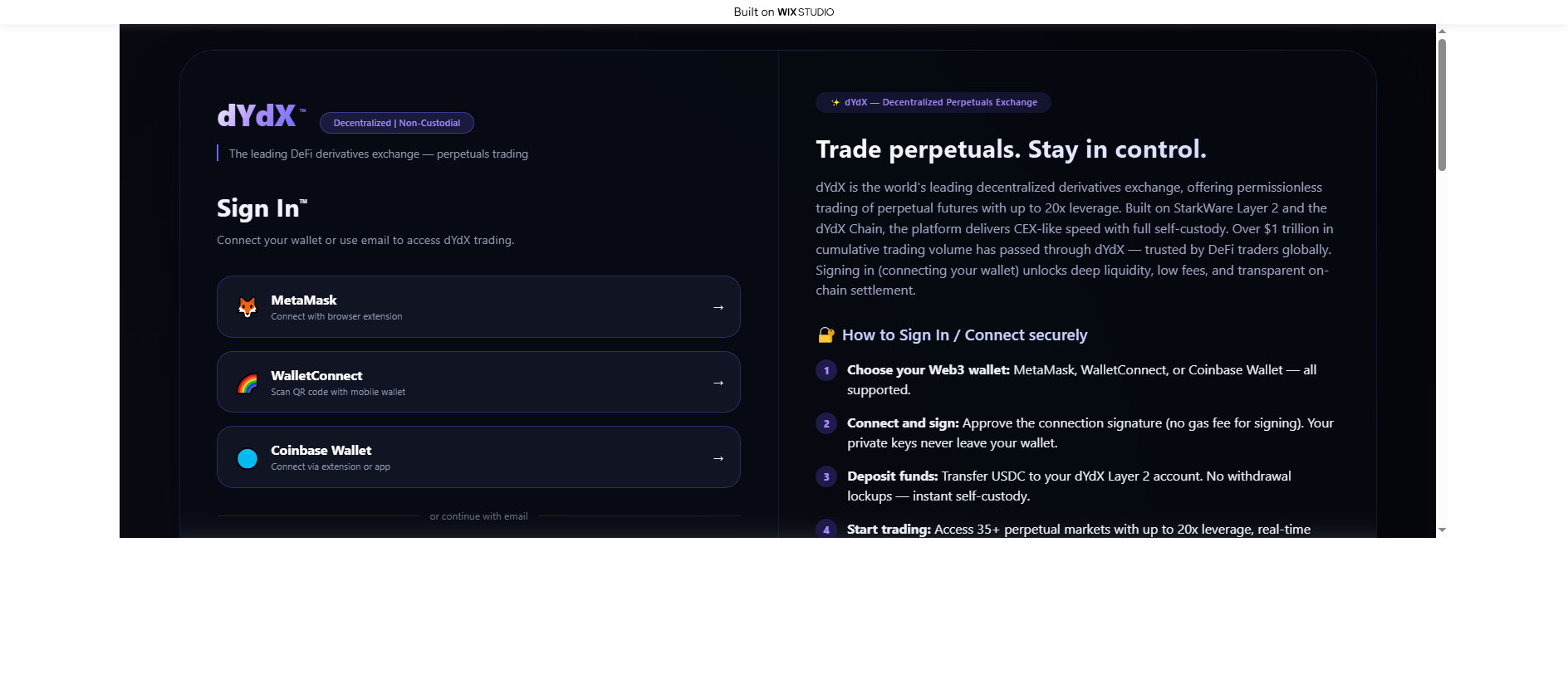 Forensic screenshot of dydxxcdn-apps.wixstudio.com showing the phishing page layout