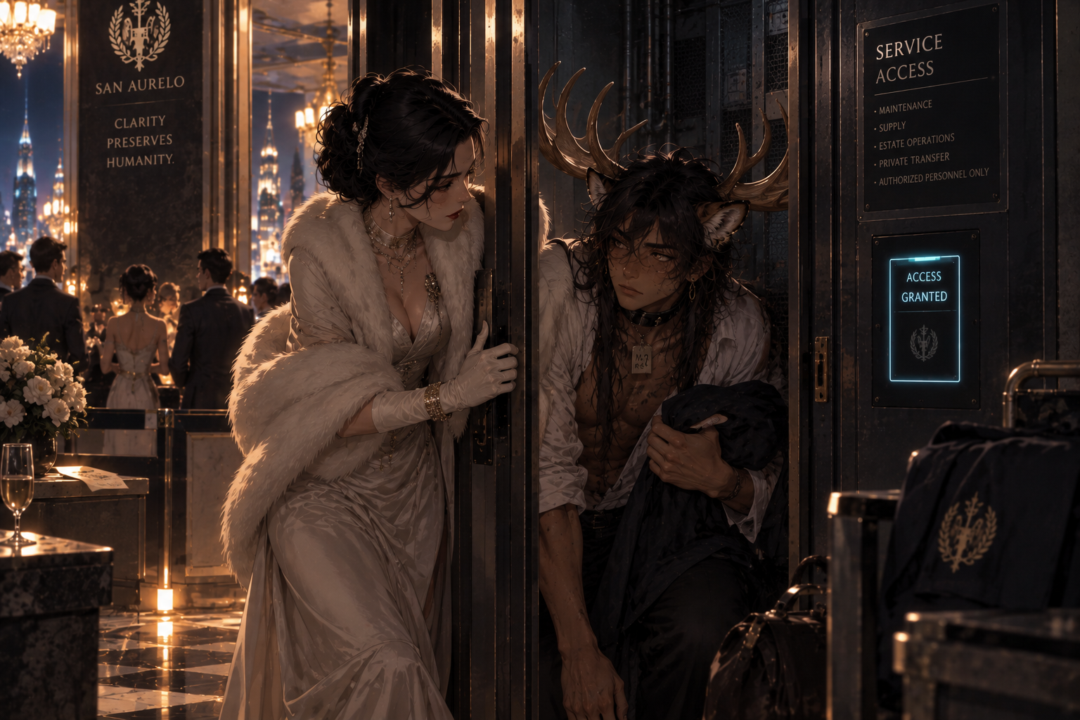 Elite San Aurelan woman secretly opening a service route for an escaping demi-human