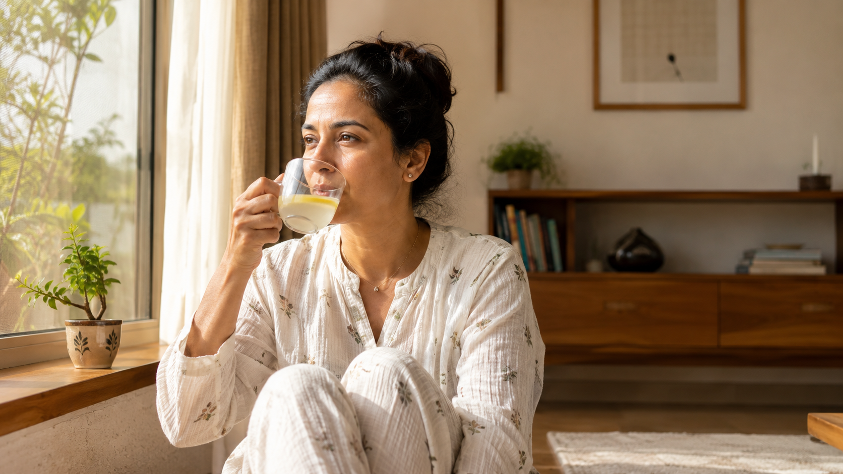 Woman doing a gentle yoga stretch at home โ weeks 5 to 8