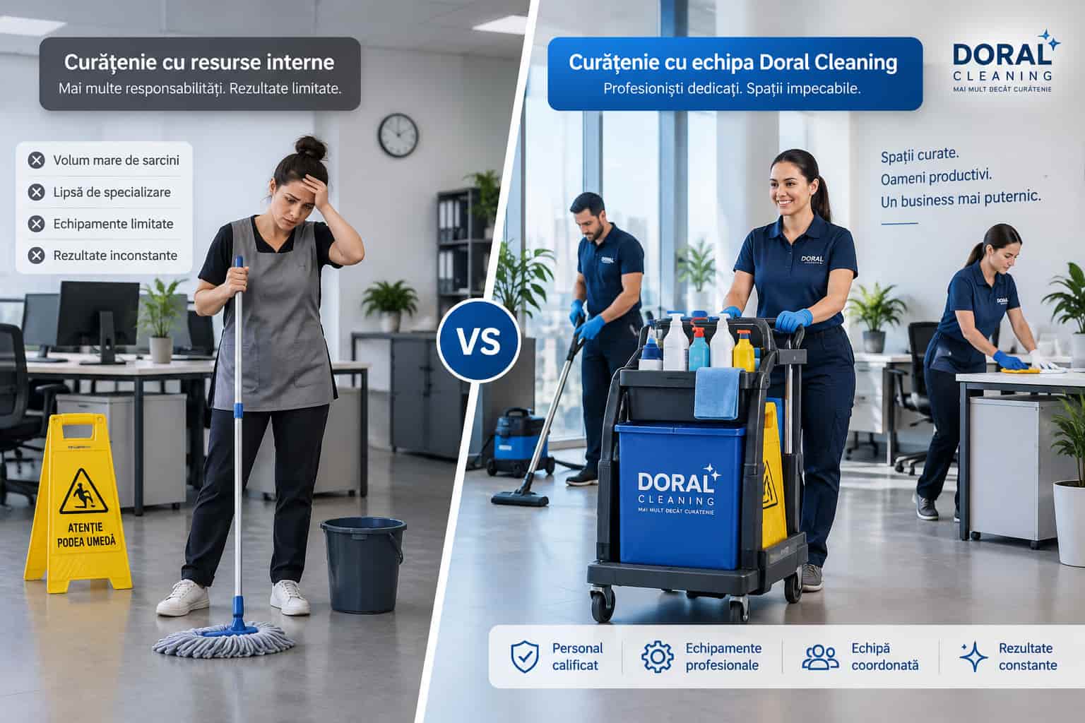 Externalizarea serviciilor de curățenie: firmă specializată vs personal intern