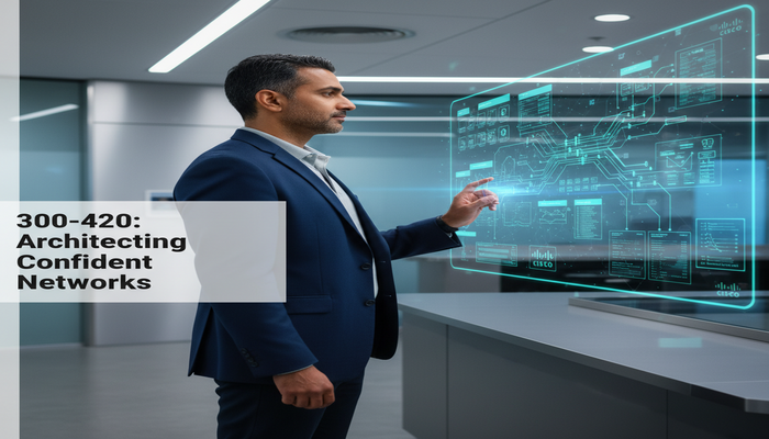 300-420: Architecting Confident Networks A confident network architect observing a complex, glowing holographic blueprint of a Cisco enterprise network, showcasing strategic design for the Cisco 300-420 ENSLD exam.