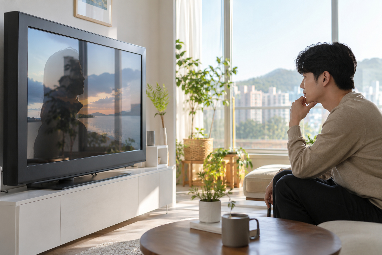 밝은 한국 아파트에서 앉아 있는 시청자가 창문 반사로 영상 일부가 가려진 구형 TV의 화면을 살펴보는 모습