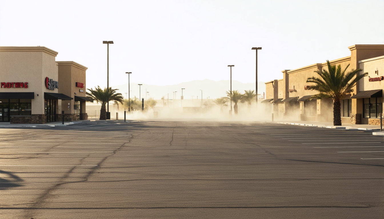 A sunburnt suburban landscape in the American Southwest at midday, no people visible, showing a strip mall parking lot shimmering with heat haze.