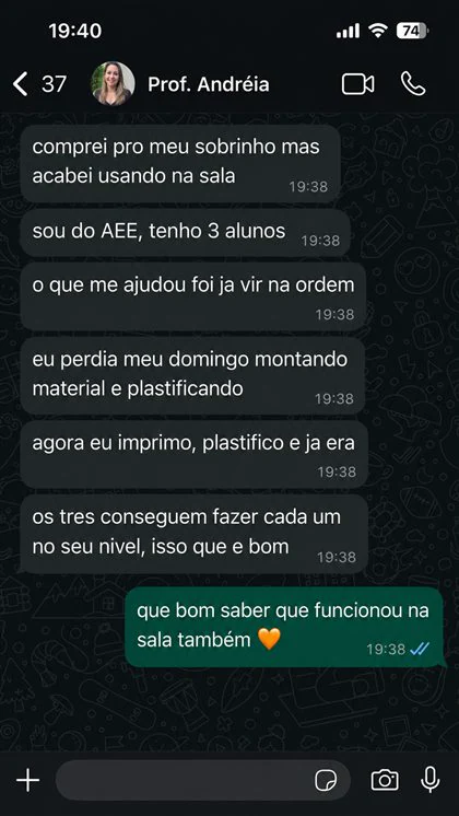 Mensagem de uma mãe que usa o material