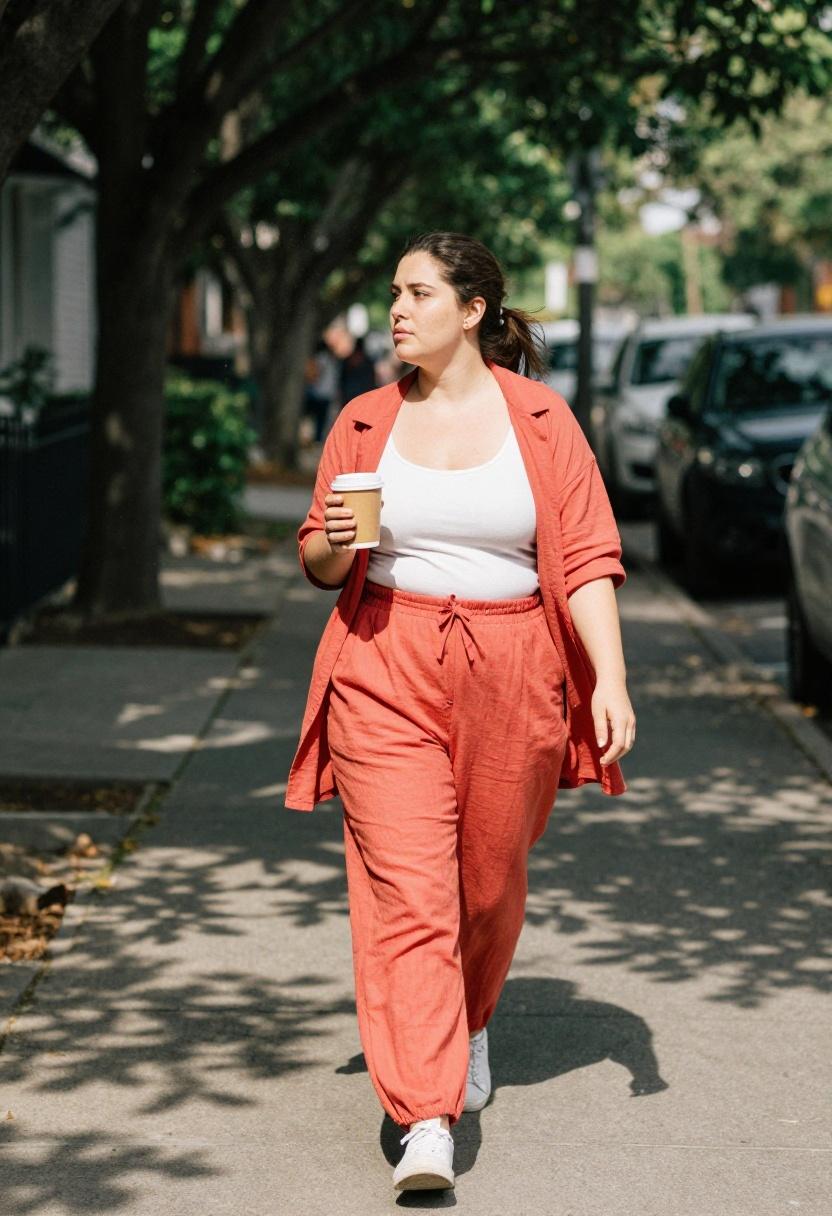 Plus size woman in coral linen trouser set with white sneakers on a leafy residential sidewalk in spring