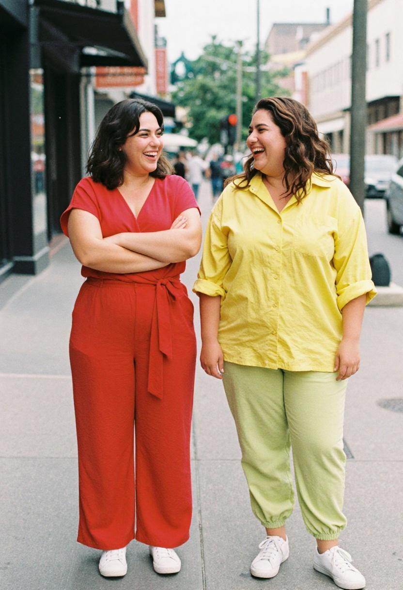 Two plus size friends in bold color-blocked spring outfits with white sneakers celebrating casual street style