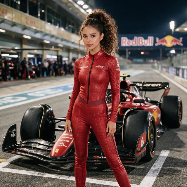 A girl with wild curly ponytail and glamorous yet sporty makeup with defined eyes and natural glow, wearing a stylish red fitted grid outfit with racing-inspired details, standing confidently in front of a McLaren Formula one race car on the starting grid, full-body view, elegant athletic pose, polished confident expression, sleek red and black formula one car behind her with visible aerodynamic details, pit lane and team garages in the background, bright track lighting, cinematic composition, shallow depth of field, ultra-realistic, high detail, premium motorsport photography style, Big Red Bull sign in the background