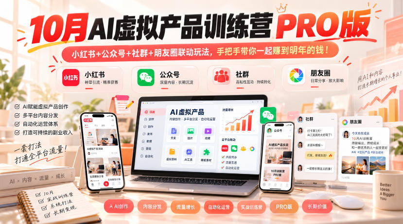10月AI虚拟产品训练营PRO版，小红书+公众号+社群+朋友圈联动玩法，手把手带你一起赚到明年的钱！-网创指引人