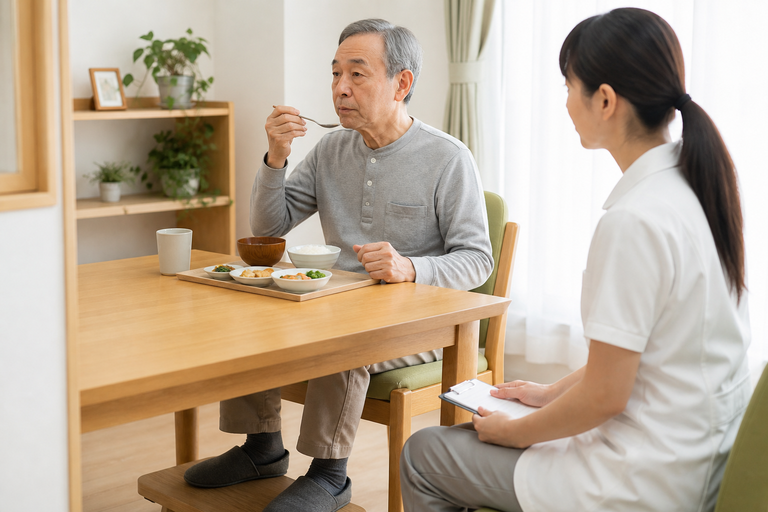パーキンソン病の方の食事姿勢と飲み込みを専門職が確認する様子