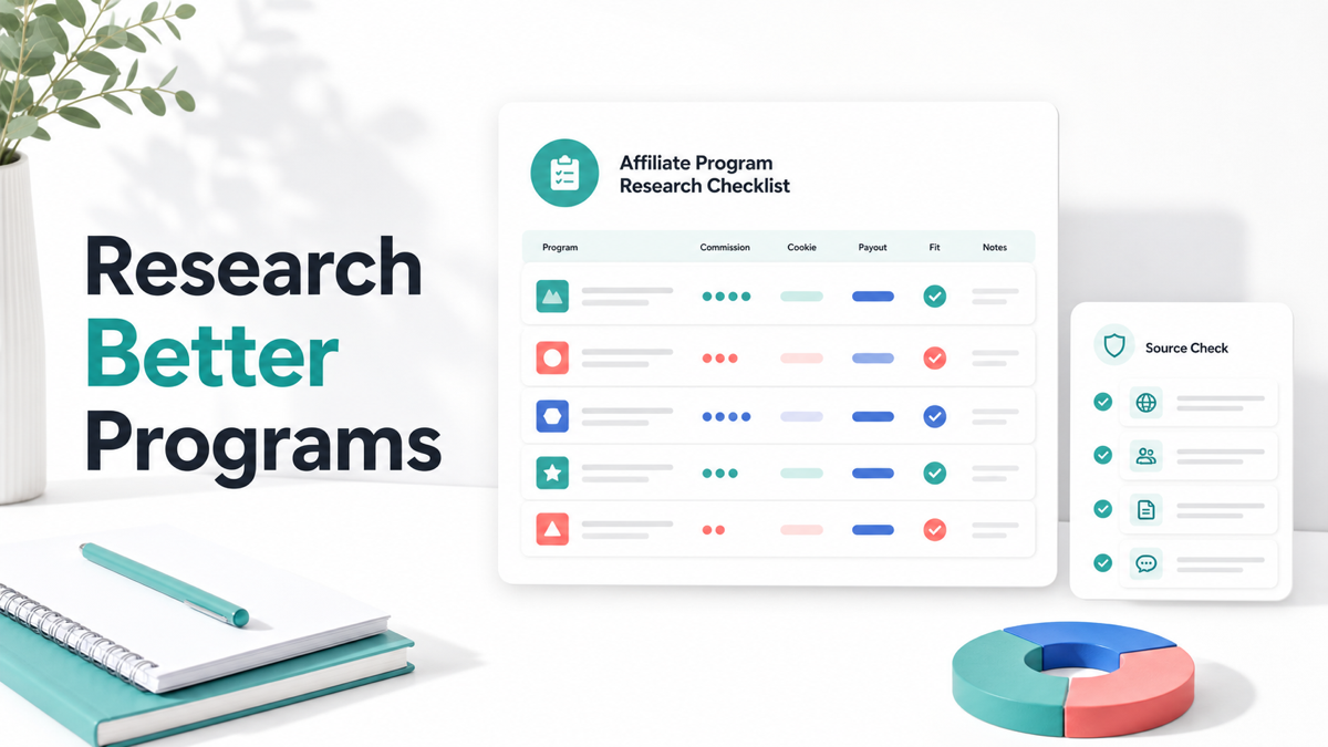 Affiliate program research checklist with a clean SaaS dashboard and source check cards