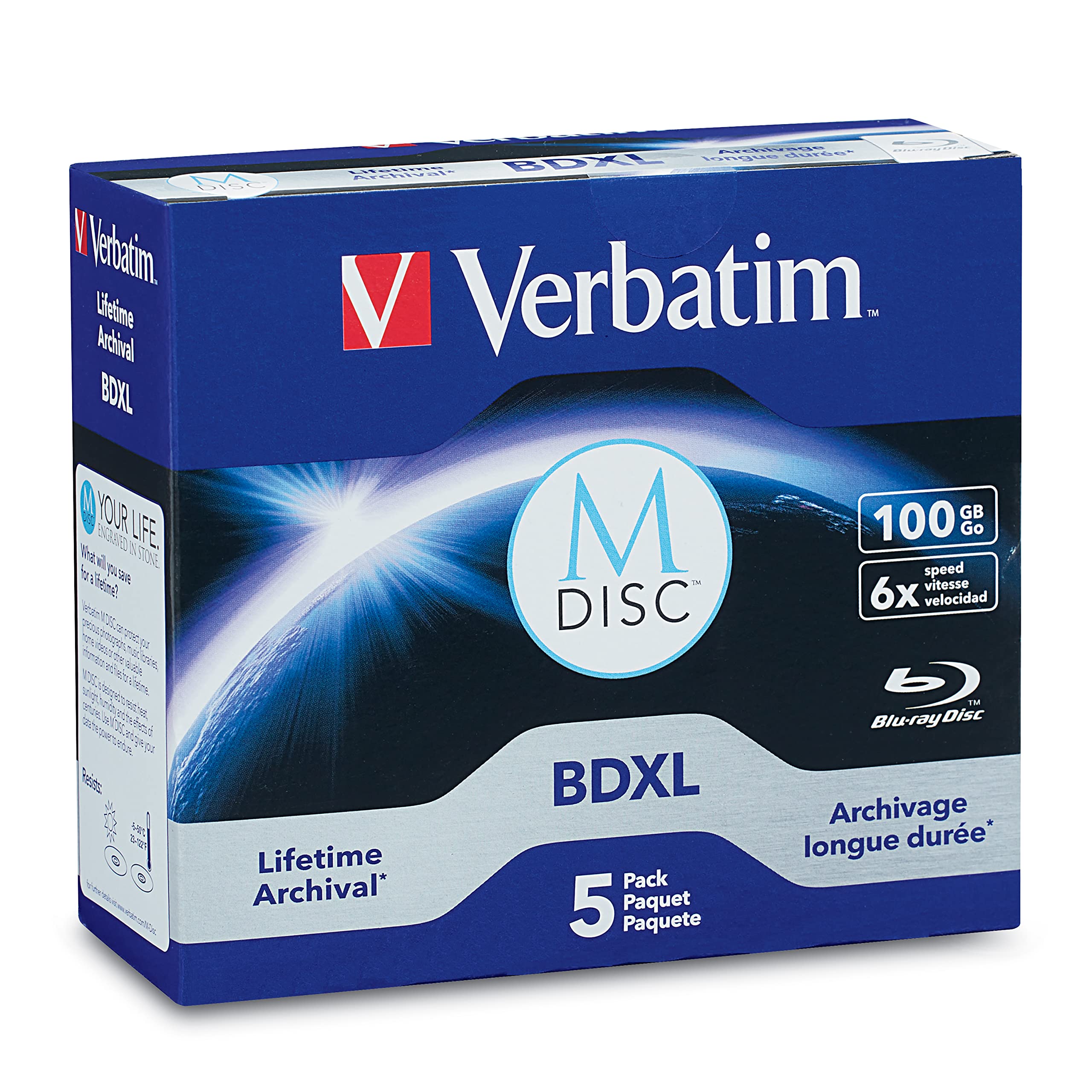Verbatim M DISC BDXL 100GB 6X with Branded Surface Blank Blu-Ray Recordable Media – 5pk Jewel Case Box
