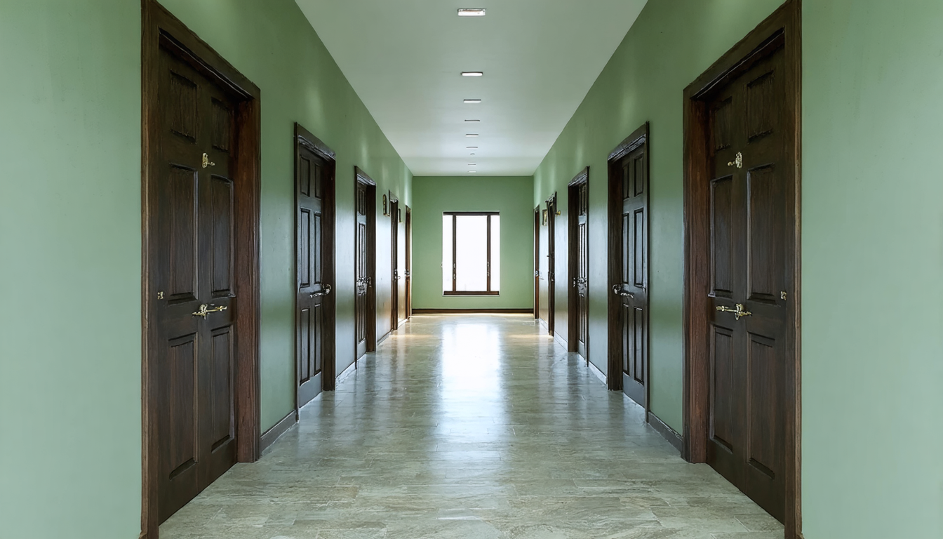 A long institutional corridor with pale green walls, heavy doors on either side, and a single window of light at the far end.