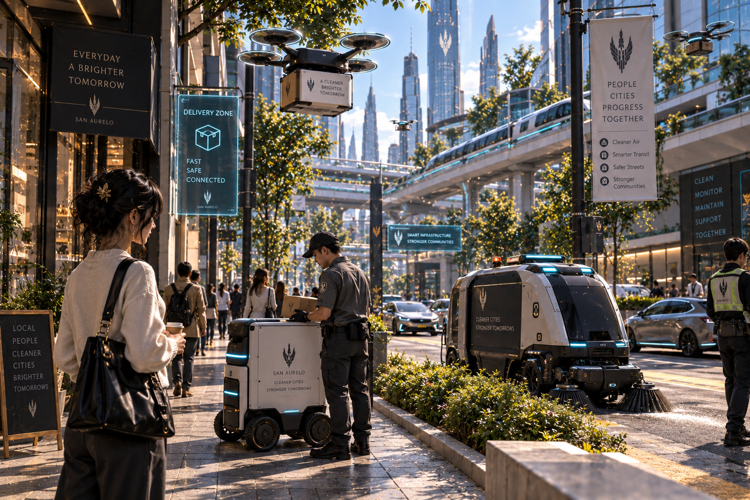 Delivery drones and maintenance robots on a San Aurelo street