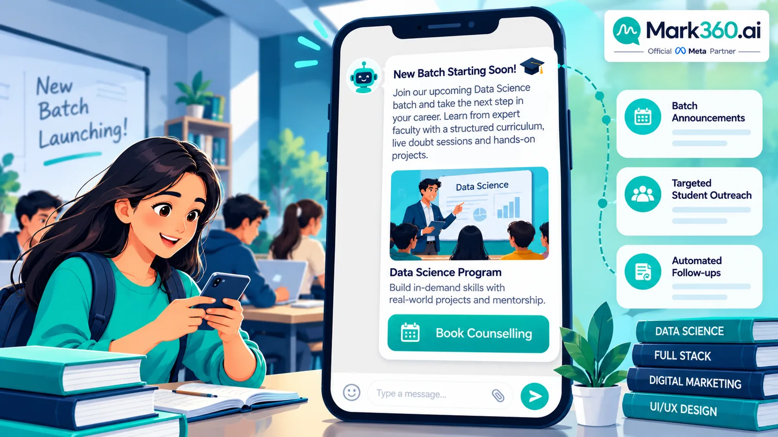 Coaching institute WhatsApp batch launch broadcast with Book counselling button