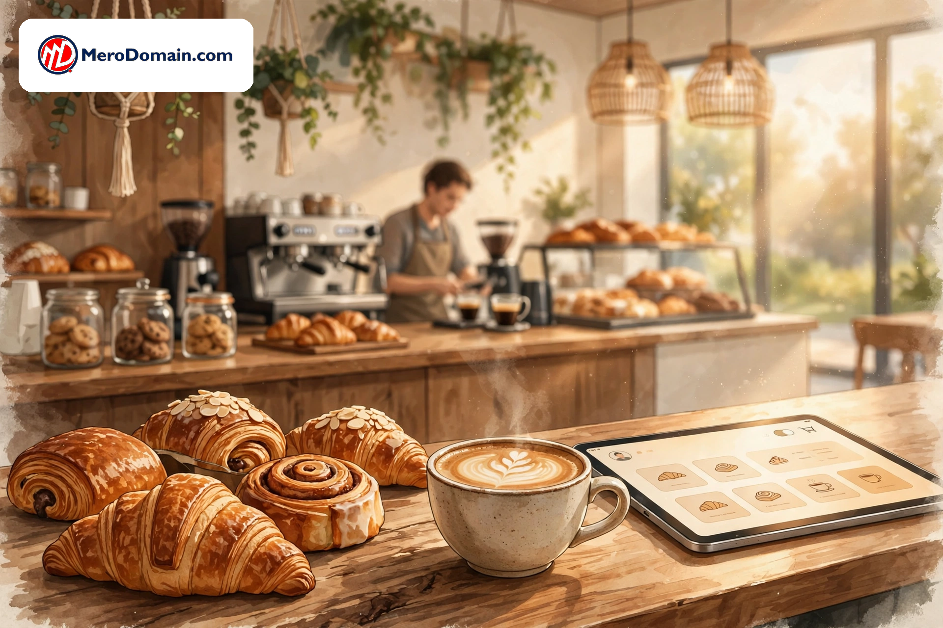 Warm illustration of a cozy bakery cafe with croissants and coffee, a glowing tablet on the counter showing a cafe website ordering page