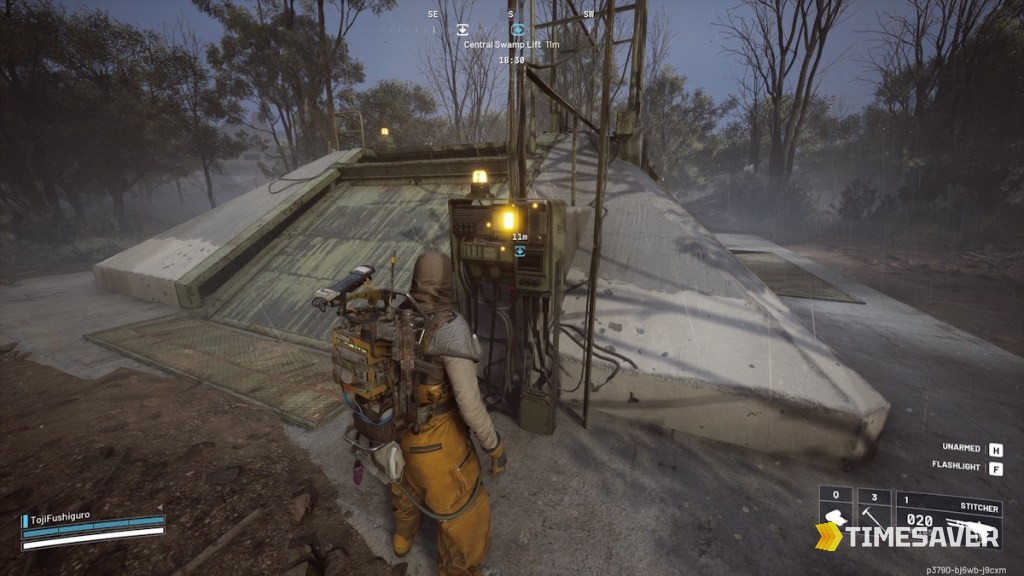 An ARC Raider reaching an extraction console topside with a Stitcher SMG equipped — banking gear after a successful beginner run