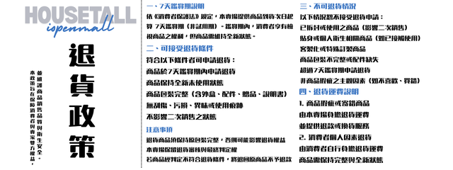 退貨政策 一 7天鑑賞期說明 依 消費者保護法 規定 本賣場提供商品到貨次日起算 7天鑑賞期 非試用期 鑑賞期內 消費者享有檢視商品之權利 但商品需維持全新狀態 (1)