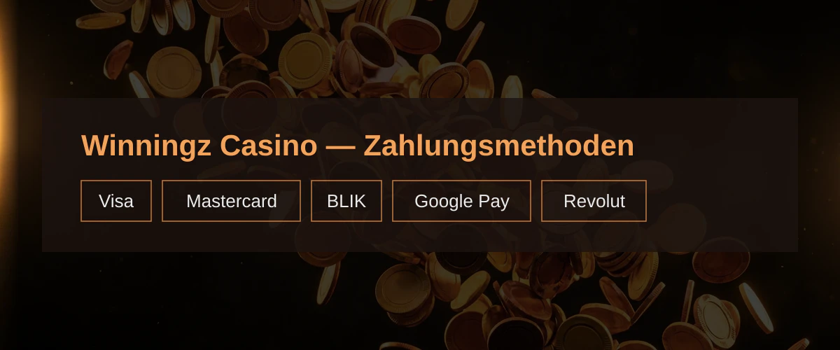 Winningz Casino — Zahlungsmethoden: Visa, Mastercard, BLIK, Google Pay, Revolut