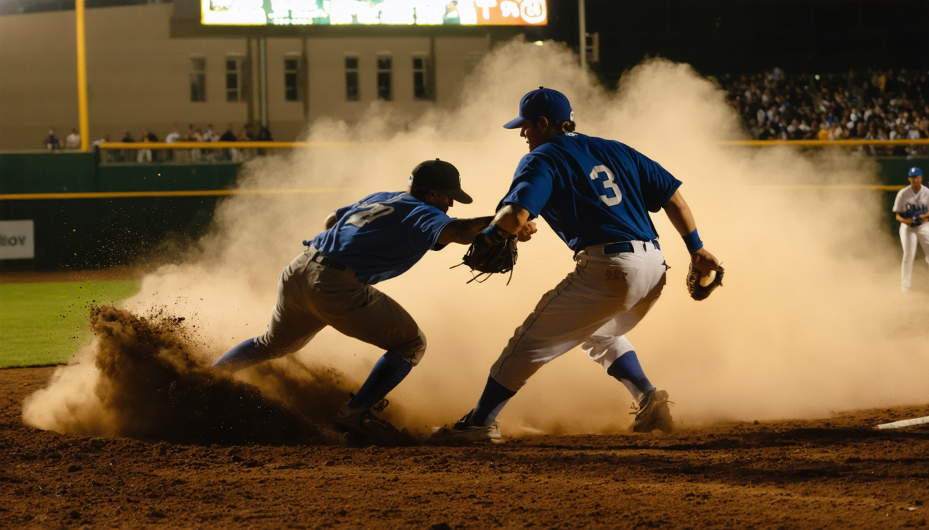 Two runners converging at a baseball base in a cloud of dirt, dusk light, motion blur, bodies about to collide.