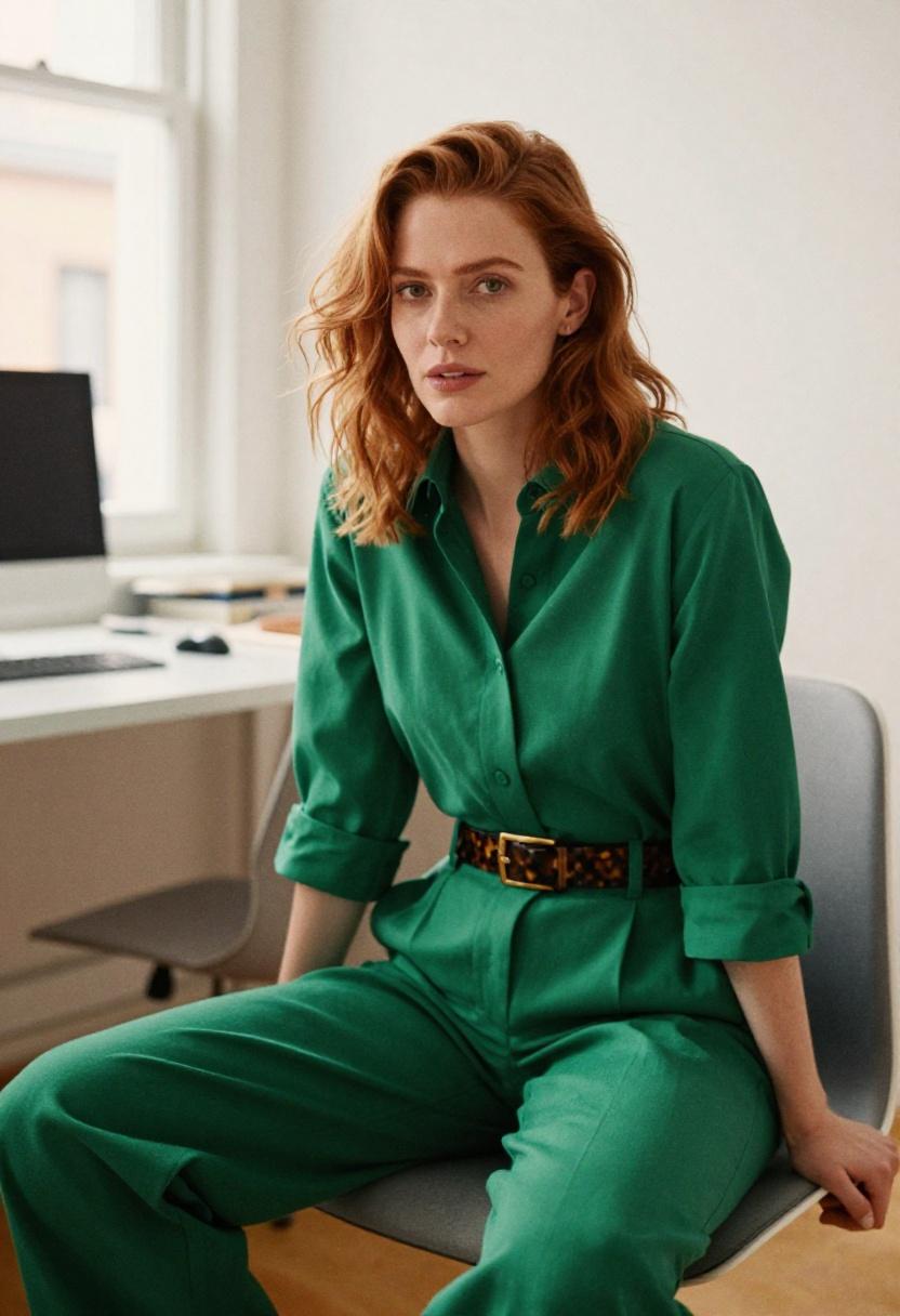 Seated office look with emerald blouse, wide-leg trousers, and wide tortoiseshell belt
