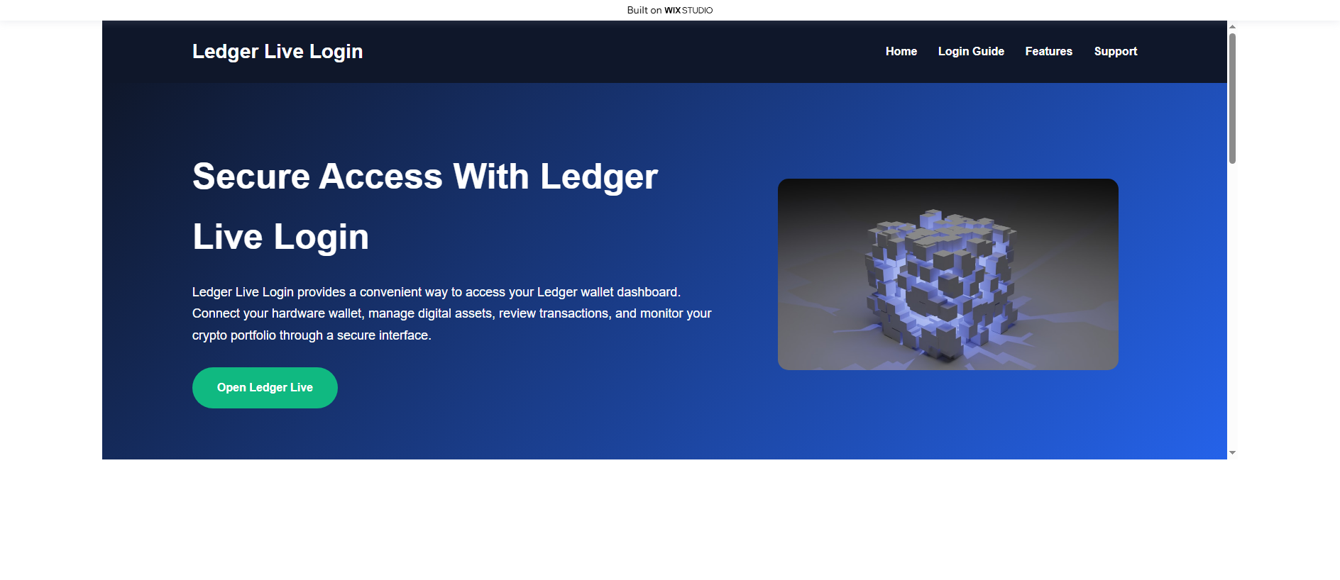 Forensic screenshot of portfolio-live-leger.wixstudio.com showing the phishing page layout