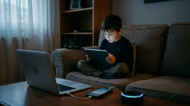 Young child on couch surrounded by glowing electronic devices in dim room, concerned mood