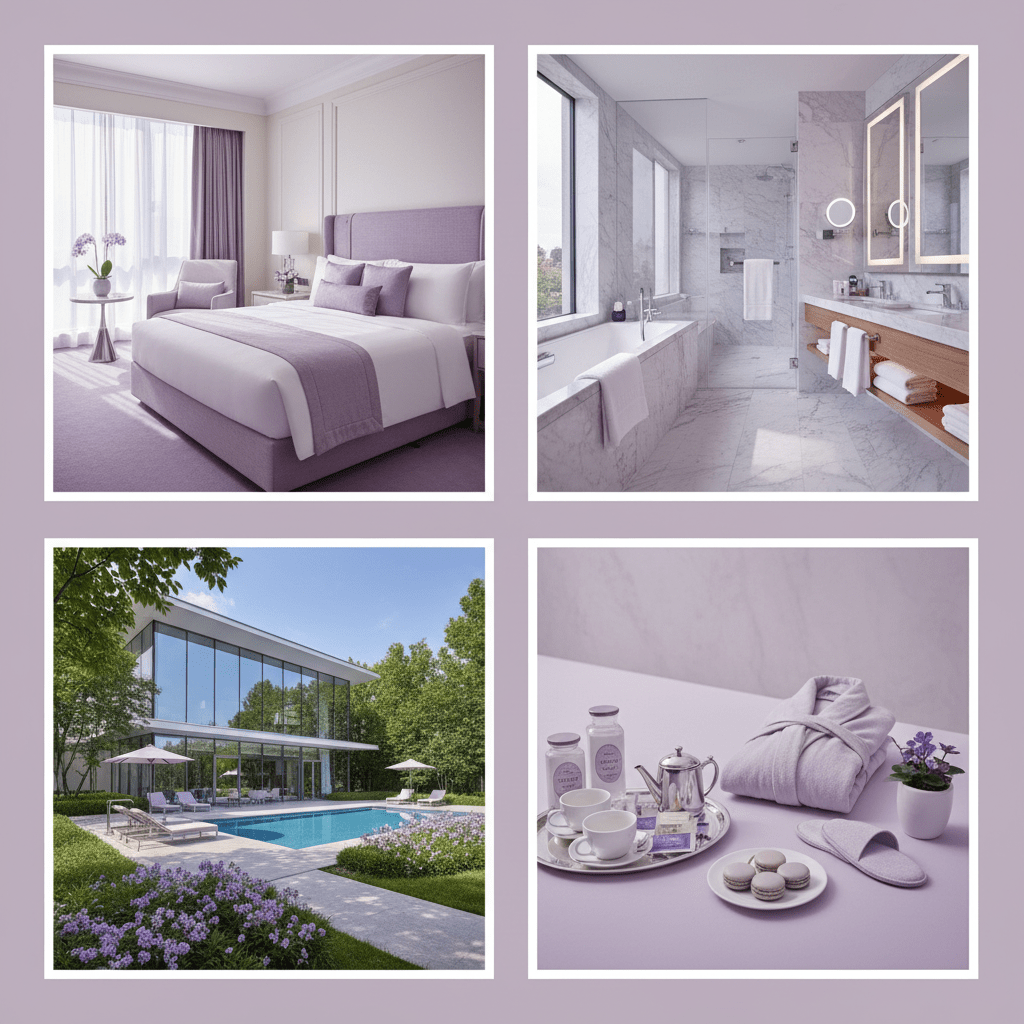Professional hotel room photoshoot with bright natural light, a neatly made bed, bathroom, exterior, and amenities in a polished gallery style.