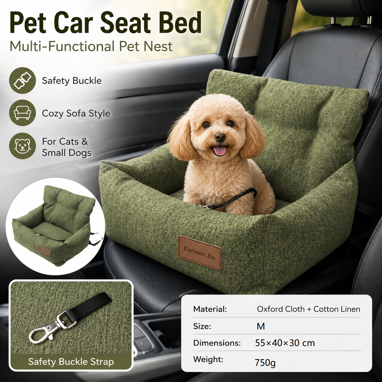 Green M Size 55x40cm Car pet bed -Oxford Linen Removable Washable Non-Slip Sofa Bed for Small Dogs Cats Indoor Travel Use