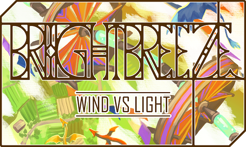 Brightbreeze: Wind vs Light - An aerial view of a pastoral landscape. In the foreground we see a skydancer and a spiral dragon flying next to an airborne wind turbine.There is stylised text reminiscent of a window frame that reads 'Brightbreeze'. Below it reads 'Wind Vs Light.’