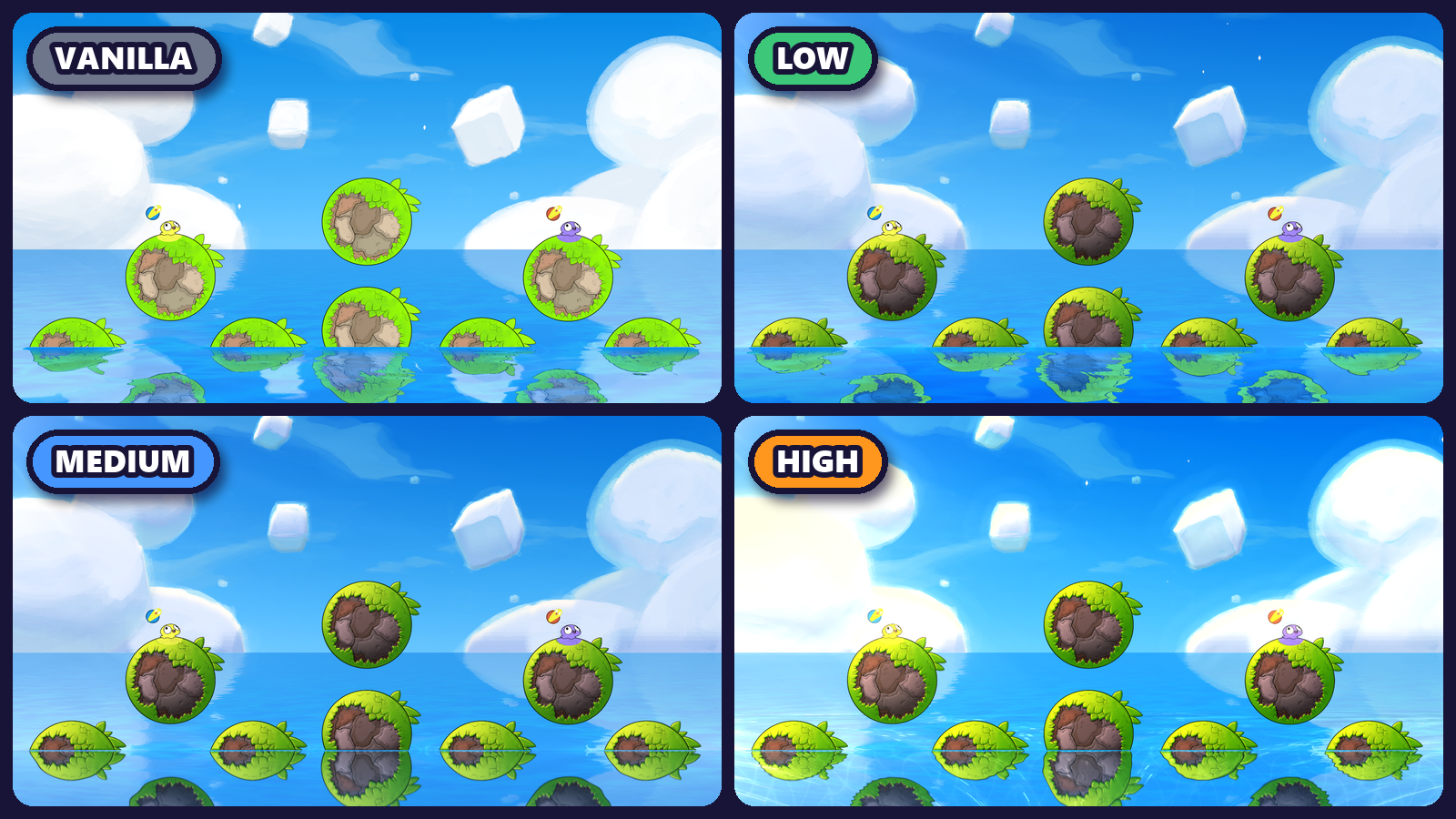 Vanilla, Low, Medium and High quality compared