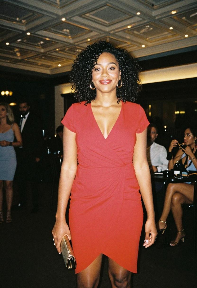 Crimson wrap midi dress with gold accessories for speed dating
