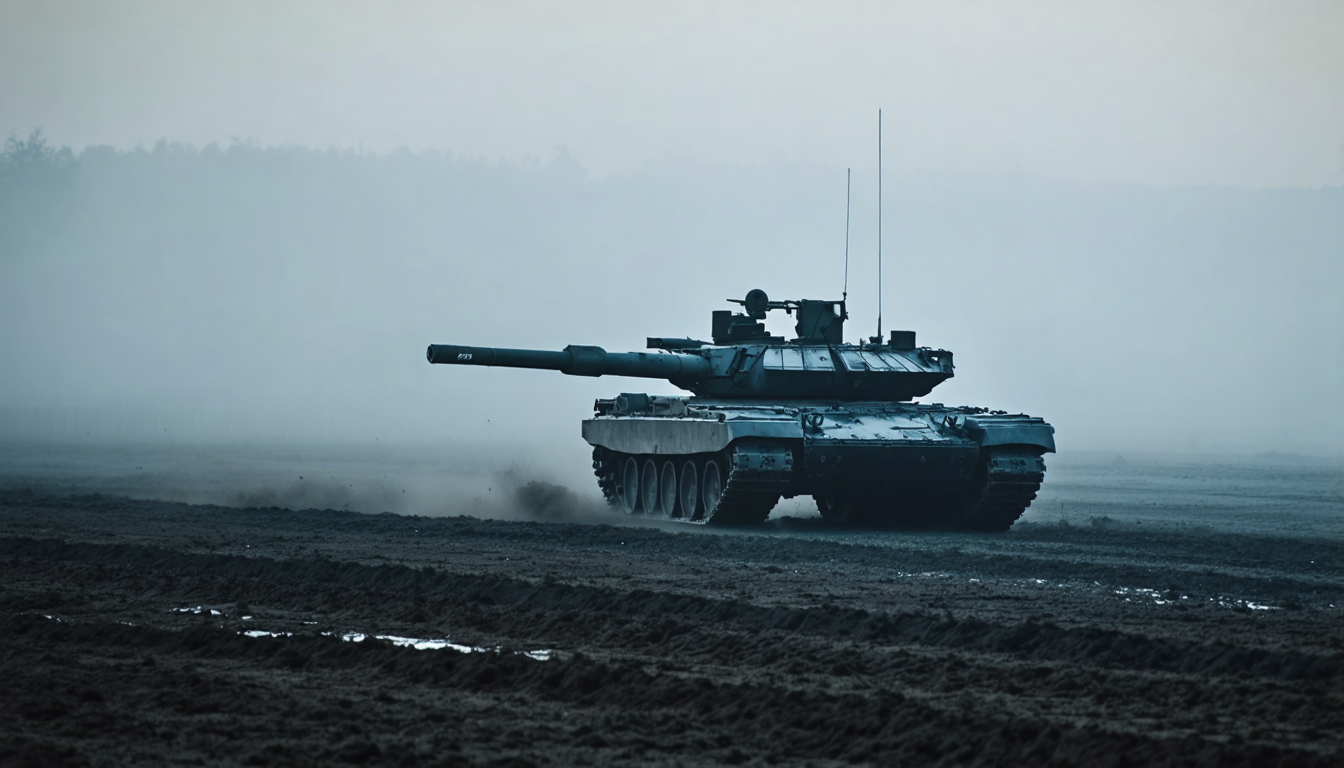 A lone tank silhouetted on an empty gray training field at dawn, fog low to the ground.