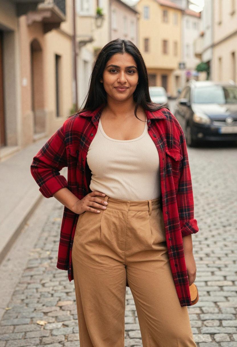 Cherry red plaid shacket over cream tank and wide-leg trousers in European street style